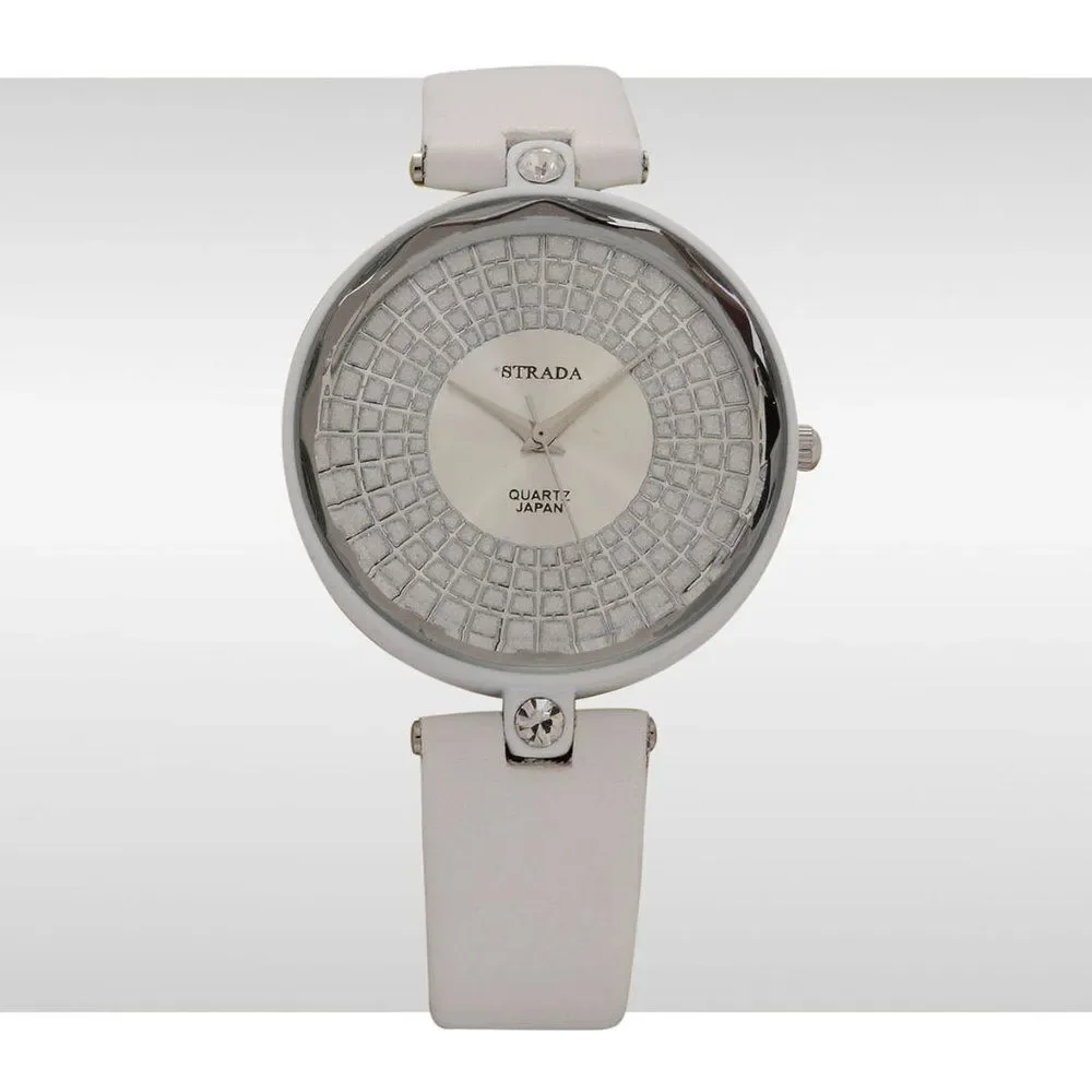 STRADA Watch Austrian Crystal Faux White Leather